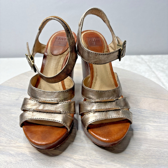 Frye Metallic Leather Wedge Sandals – Bronze Ankle Strap & Wood Platform 7 - Picture 2 of 11